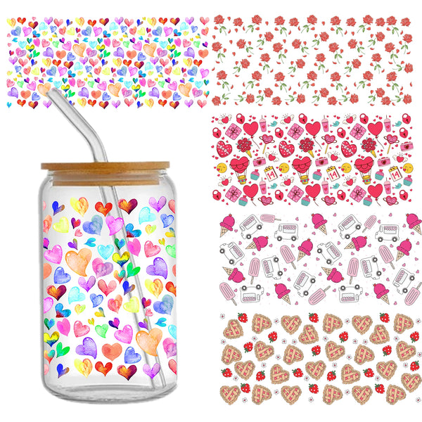 1pc Uv Dtf Transfer Valentine's Day heart love Design Sticker Libbey Glass Cups Diy Wrap Transfer Sticker Glass Cup Waterproof Sticker Bottle Sticker Adhesive Sticker-High Quality 9.5inch*4.3inch For 16oz