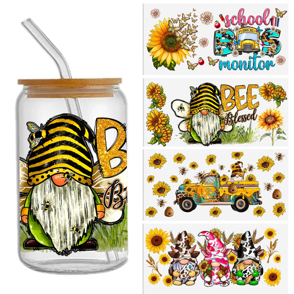 4pcs/set UV DTF Cup Wrap gnome with sunflower Series Design For Any Hard Surface, UV DTF Transfer Sticker Waterproof Sticker For Libbey Glass Cups Tumbler Furniture Craft Wood DIY Crafts