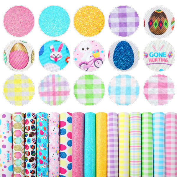 15Pcs A5 Size Easter Day Faux Leather Sheets 5.82x8.2inch Rabbit Bunny Eggs Plaid Printed Synthetic Leather Fabric for DIY Earrings Bows Crafts Festival Decorations