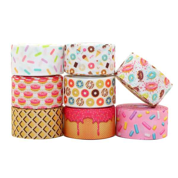 8 Roll, 1 Inch X 5 Yards/roll Dessert Series Donuts Candy Cake Printed Grosgrain Ribbon Set For Gift Wrapping Ribbon Holiday DIY Craft Ribbons For Home Party Decor