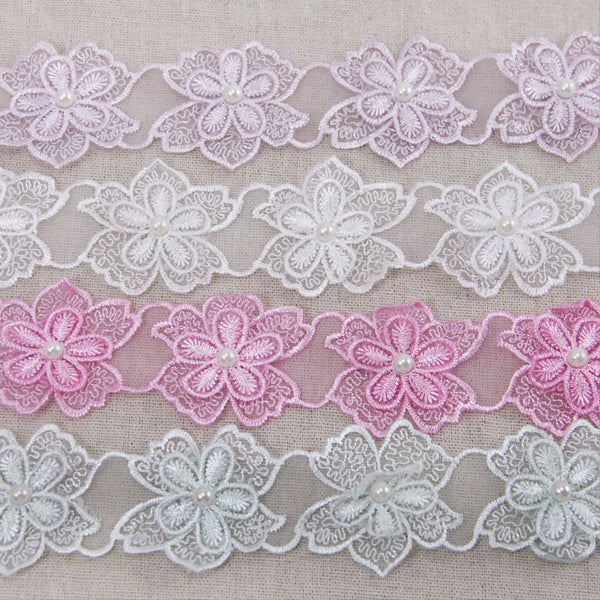 1 Yards Floral Lace Trim Ribbon with Pearl Accents - Embroidered Flower Applique for DIY Crafts, Sewing, Clothing Embellishments, Handmade Fashion Sewing Supplies