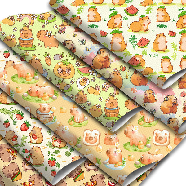 1Pc 7.7x12.9inch Animals Series Faux Leather Sheets Capybara Strawberry Watermelon Pizza Hamburger Printed Synthetic Leather Fabric Smooth Textured for DIY Earrings Hair Bows Crafts Projects