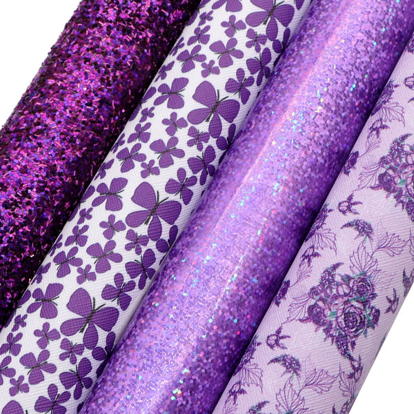 Purple series glitter flower Faux Synthetic Leather Set 4piece/set 7.7*12.9inch Fabric Sheets For DIY Bows Leather Crafts Handmade Material