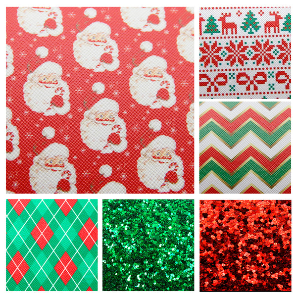 Christmas Theme Faux Leather Set Santa Claus Christmas Tree Printed Shimmer Chunky Glitter Synthetic Leather Fabric Sheets 6Pcs/set 20x33cm for DIY Earrings Hair Bows Crafts Supply Festival Decoration