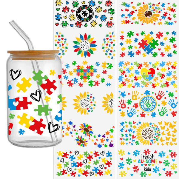 12pcs/set Autism Awareness Designs UV DTF Sticker Transfer DIY Waterproof Adhesive Sticker For 16OZ Libbey Glass Can Wrap, Mug Water Bottle Cup And Any Hard Surface, -High Quality 4.3inx9.4in