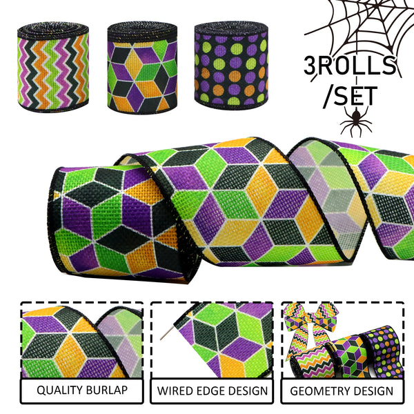 3Rolls, Halloween Linen Wired Edge Ribbons (2.43 Inch X 5 Yards), Geometric Pattern  Zig Zags Plaid Polka Dot Print Ribbons For Halloween Wreath Floral Arrangements, Holiday Party Decor, Hairbows, Crafts Sewing Wrapping Supplies