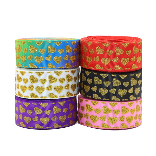 1 Roll 5 Yards 0.87Inch/22mm Golden Glitter Heart Printed Grosgrain Ribbon Love Valentine's Day Ribbon For Gift Wrapping Ribbon Holiday DIY Craft Ribbons For Home Party Decor