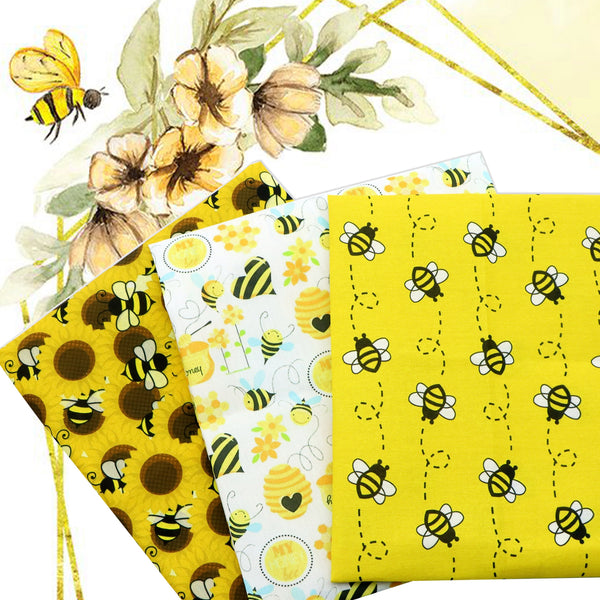 3-Piece Sunflower & Bee Themed Quilting Fabric,7.87x7.87inch(20x20cm) ,Pre-Cut Polyester For Diy Doll Clothes And Crafts, Thickened 120Gms, Hand Wash Only Flower Fabric For Sewing