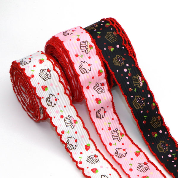 1roll,5yards Hook Edge Grosgrain Ribbon Roll 25mm/1in Cake Cherry Strawberry Print Ribbon for Gift Package Wrapping, DIY Hair Bow Clip Accessory Making, Crafting Holiday Wreaths Decor