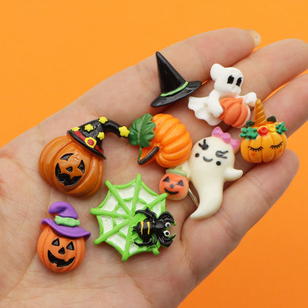 10Piece Halloween Bat Pumpkin Ghost Resin Charms Set - Flat Back Cabochons For Diy Crafts, Scrapbooking & Jewelry Making