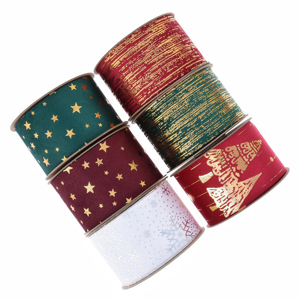 1 Roll 2Inch/50mm X 10 Yards/roll Christmas White Snow Golden Star Christmas Tree Red Green Ribbon For Party Christmas Home Decoration DIY Gift Box Packaging Bowknot Craft Material