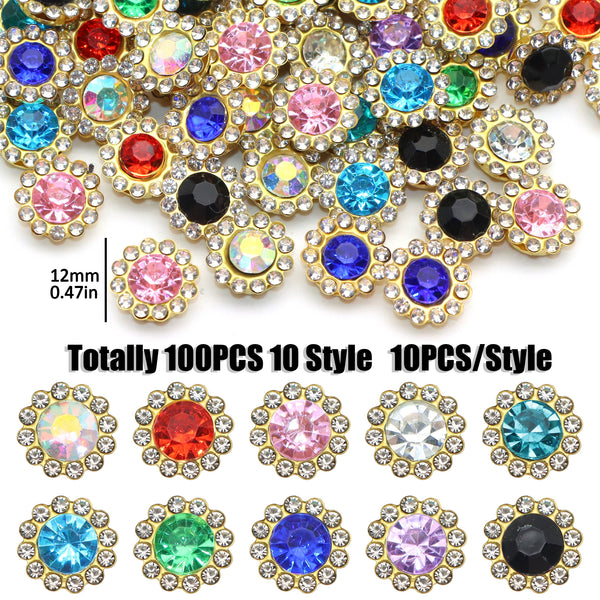 100Pcs Rhinestone Embellishments 12mm Mixed Colors Shiny Flatback Buttons Crystal Flower Shape Buttons for Clothes Jewelry Making DIY Crafts Handmade Decoration