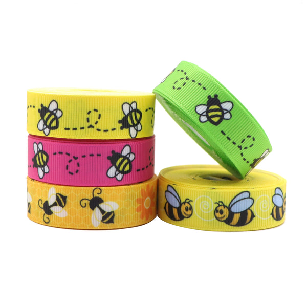 5 Rolls, 0.63Inch/16mm X 5 Yards/roll Bee Flower Printed Grosgrain Ribbon Set For Gift Wrapping Ribbon Holiday DIY Craft Ribbons For Home Party Decor