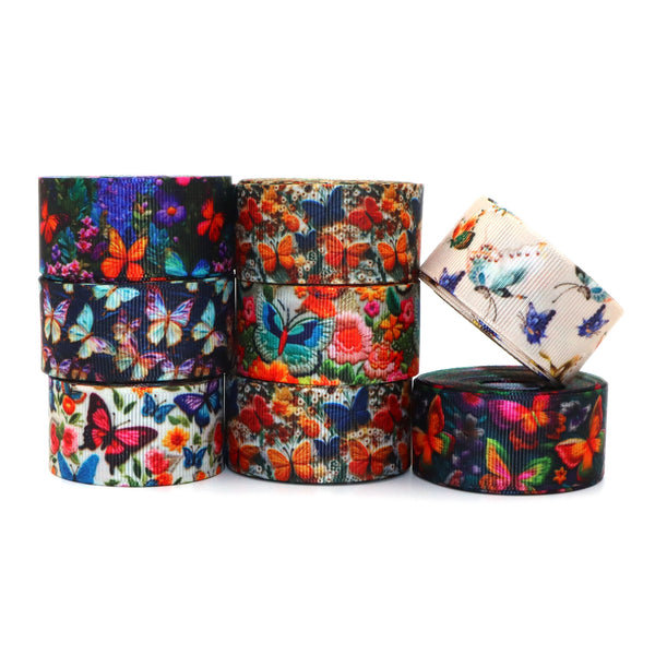 8 Rolls, 1Inch/25mm X 5 Yards/roll Butterfly Flower Printed Grosgrain Ribbon Set For Gift Wrapping Ribbon Holiday DIY Craft Ribbons For Home Party Decor