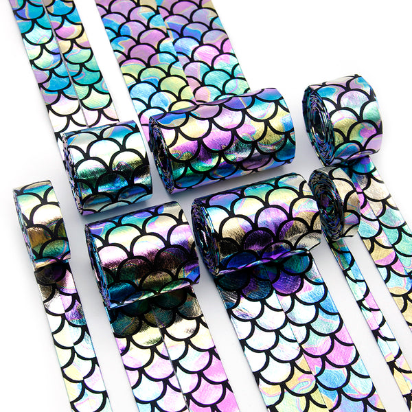 5 Yards Iridescent Mermaid Scales Fabric Ribbon Rolls, Double-Sided, for Hair Bows, Gift Wrapping, DIY Crafts, and Mermaid Party Decorations