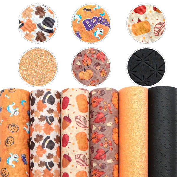 AutumnTurkey Pumpkin 6-Piece Set Faux Leather Fabric, 7.87x12.99inch,PVC Material Synthetic Leather- Perfect For Diy Earrings, Bag,Hair Bows, And Crafts