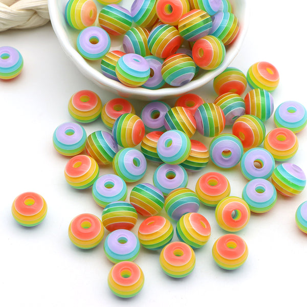 10Pcs TransparentStripe Beads Mixed Colors Round Shaped Acrylic Beads Loose Spacer Beads with Hole for Jewelry Making DIY Bracelet Necklace Chain Earrings Charm Bangle Decors Craft Supplies