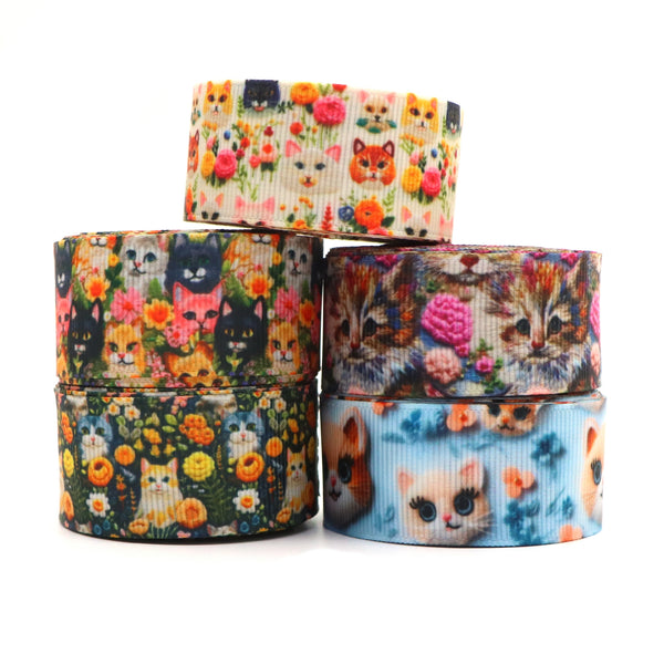 5 Rolls, 1 Inch X 5 Yards/roll Cute Cat Floral Printed Grosgrain Ribbon Set For Gift Wrapping Ribbon Holiday DIY Craft Ribbons For Home Party Decor