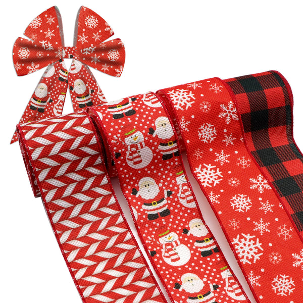 1 Roll 2.5 Inch X 5 Yards/roll Christmas Series Santa Snowman Snow Plaid Printed Decorative Imitation Burlap Wire Edge Ribbon Party Decoration For DIY Gift Box Packaging Bowknot Craft Material