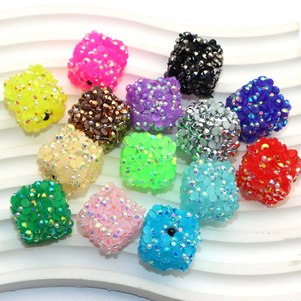 1Pc Faux Rhinestone Pearl Acrylic Beads Square Shaped Plain Solid Color Loose Spacer Beads with Hole for Jewelry Making DIY Bracelet Necklace Chain Earrings Charm Bangle Decors Craft Supplies