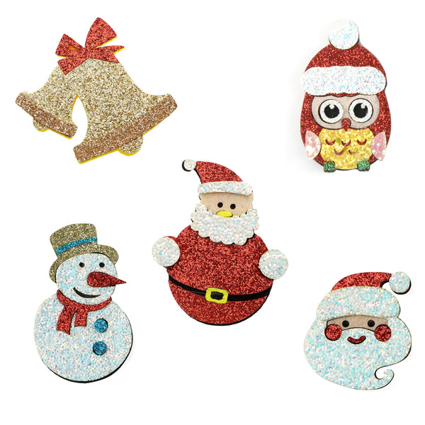 5pcs Christmas Glittery Powder Snowman-Santa Claus-Bell-OwlPatches For Girls, Suitable For Hairpin Decoration，DIY Clothes Bag Accessories