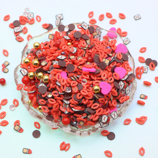 Valentine's Day Polymer Clay Slices,Mixed Lovely Heart,Kawaii Lipstick & Love Letter,DIY Crafts Materials, Art Supplies, Christmas Decoration,20g/0.7oz