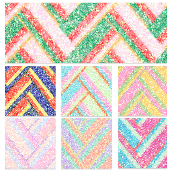 7Pcs/Set 7.87x12.99inch Shimmer Chunky Glitter Faux Leather Set Chevron Geometry Printed Synthetic Leather Fabric Sheets for DIY Earrings Hair Bows Crafts Projects