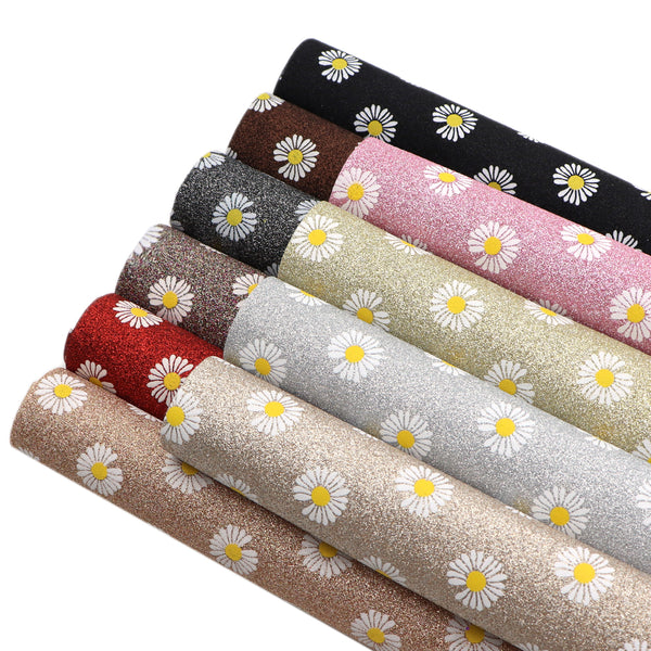 1 Piece Daisy Flower Faux Leather Fabric,7.87x12.99inch,Fine Glitter Texture Synthetic Leather- Perfect For Diy Earrings, Bag,Hair Bows, And Crafts