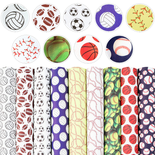 Sports Theme Faux Leather Sheets Football Basketball Baseball Printed Synthetic Leather Fabric Sheets 9Pcs/set 20x33cm for DIY Earrings Handbags Pouches Crafts Projects