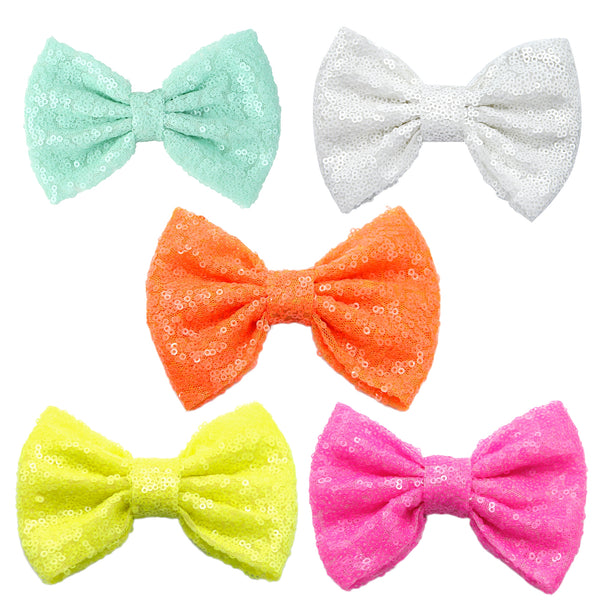 5Pcs Sequin Bowknot Solid Color Round Sequins Hair Bows Hair Accessories Decorative Headwear for DIY Hairpins Hair Clips Barrettes