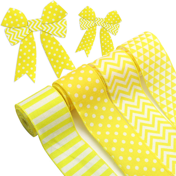 1 Roll 2.5 Inch X 5 Yards/roll Yellow Series Stripe Dots Wave Triangle Printed Decorative Imitation Burlap Wire Edge Ribbon Home Decoration For DIY Gift Box Packaging Bowknot Craft Material