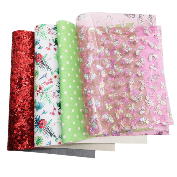 4pcs/set sequins dot flower butterfly Faux Synthetic Leather Set 7.7*12.9inch Fabric Sheets For DIY Bows Artificial Leather Crafts Handmade Material