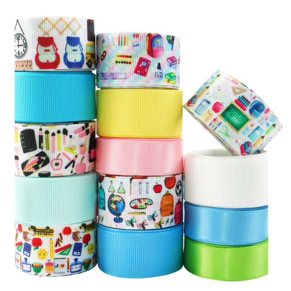 14 Rolls, 2 Yards/roll 16mm 22mm 25mm Back To School Series Backpack Ruler Book Printed Grosgrain Ribbon Set For Gift Wrapping Solid Color Satin Ribbon Holiday DIY Craft Ribbons For Home Party Decor