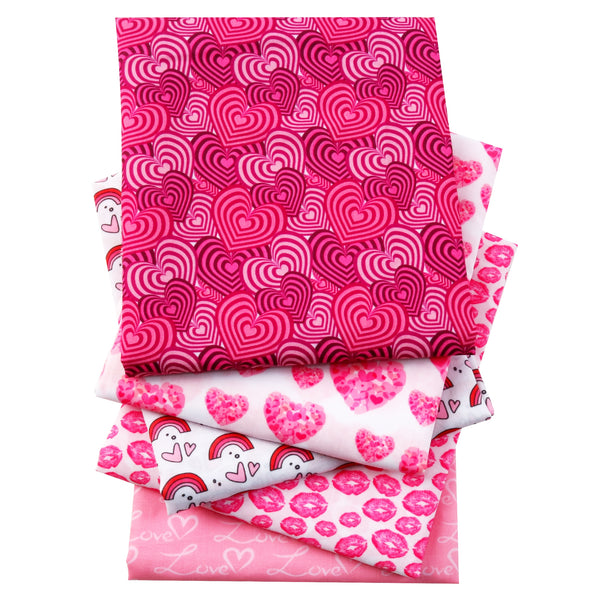 5pcs Lips Kiss Heart Love Valentine's Day Fat Quarter Polyester Cotton Fabric Bundles,7.87x7.87inch(20x20cm) Hand Wash Only, Pre-Cut Squares for Sewing, Quilting, Crafting -  Holiday Patchwork Scraps (108gsm)