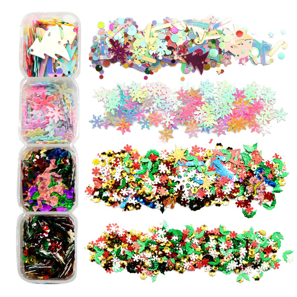 1box Colorful Mixed Christmas Style Plastic Mini Loose Sequins Paillettes For DIY Jewelry Making Accessories Handmade Material Art Sewing Craft Decoration，Boxed, there are four small compartments in one box