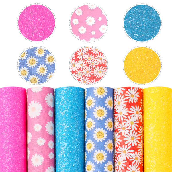 6Pcs/set 7.87x12.99inch Daisy Flowers Faux Leather Set Synthetic Leather Fabric Sheets for DIY Earrings Hair Bows Crafts Projects