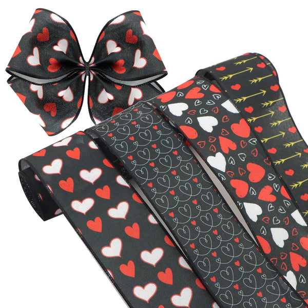 4 Rolls 2.5 Inch X 5 Yards/roll Valentine's Day Black Series Heart Love Printed Decorative Imitation Burlap Wire Edge Ribbon Valentine Decoration For DIY Gift Box Packaging Bowknot Craft Material