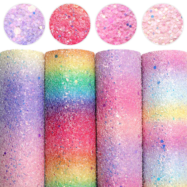 4Pcs Shimmer Chunky Glitter Faux Leather Set Gradient Rainbow Color Synthetic Leather Fabric Sheets 7.87x12.99inch for Earrings,Bags,Phone Case,Pencil Case,Wallet,Handbags,Making DIY Craft,Hair Accessories DIY Projects