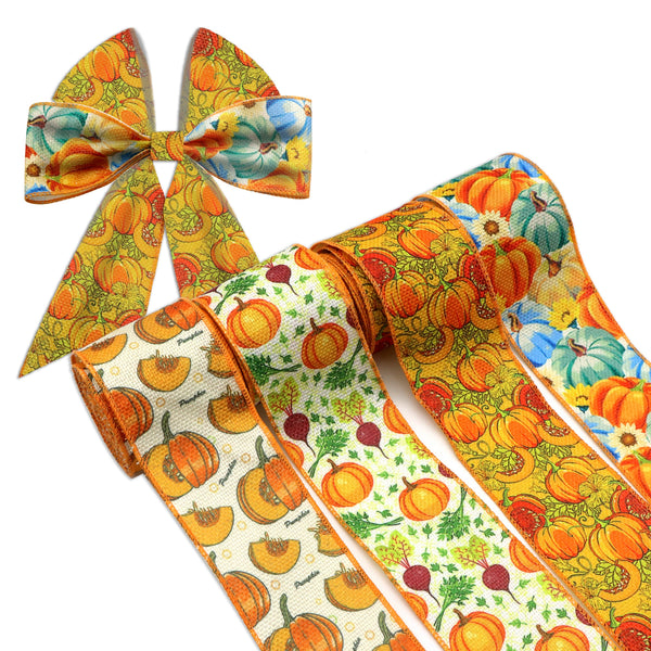 4 Rolls 2.5 Inch X 5 Yards/roll Thanksgiving Day Fall Autumn Series Pumpkin Printed Decorative Imitation Burlap Wire Edge Ribbon Home Decoration For DIY Gift Box Packaging Bowknot Craft Material