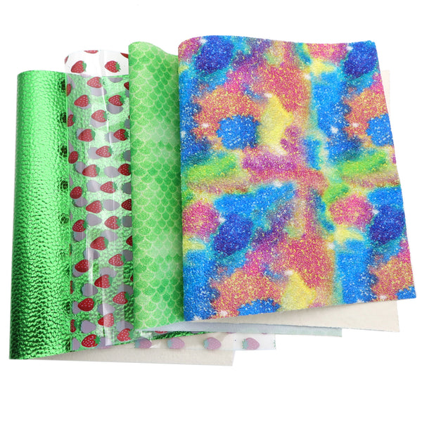 4pcs/set lychee Fish Scales strawberry Faux Synthetic Leather Set 7.7*12.9inch Fabric Sheets For DIY Bows Artificial Leather Crafts Handmade Material