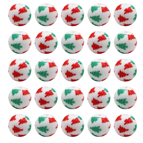 Christmas Tree Silicone Beads for Jewelry Making - Pearlescent Loose Round Beads with Hole, DIY Craft Supplies for Bracelets, Keychains, Handmade Fashion Accessories - 5PCS Assortment