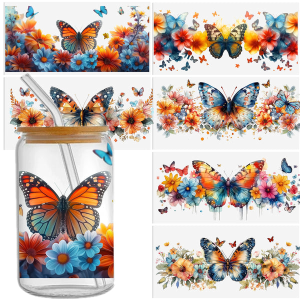 6pcs/set Butterfly flowers Pattern UV DTF Cup Stickers for 16oz, Waterproof Sticker Pack For Decorating Mugs, Cups, Bottles, School Supplies, Etc, Arts Crafts, DIY Art Supplies