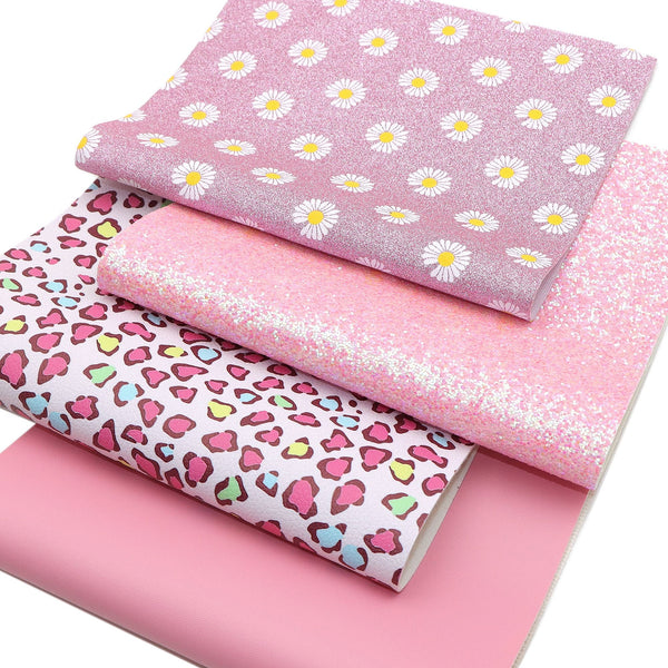 Pink series daisy leopard Faux Synthetic Leather Set 4piece/set 7.7*12.9inch Fabric Sheets For DIY Bows Leather Crafts Handmade Material