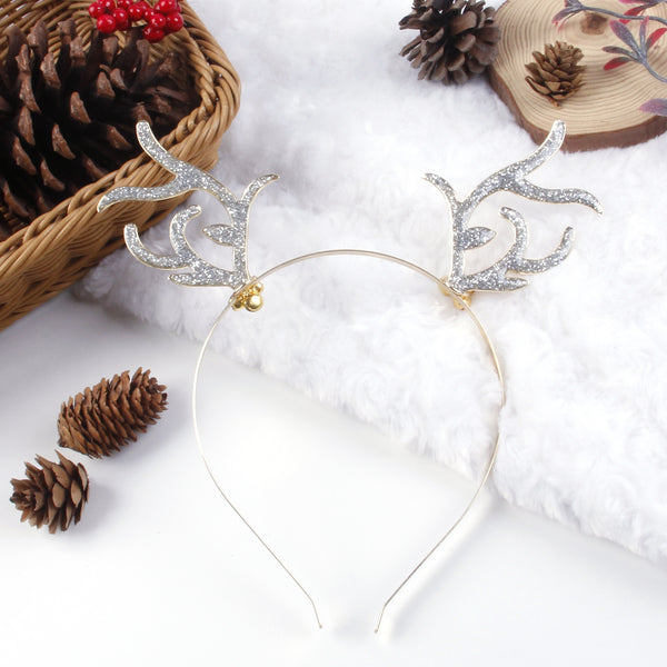 1Pc Christmas Reindeer Glitter Decor Headband Hair Hoop with Bell Metal Antler Hair Accessories for Women Girls Creative Festival Party Headdress