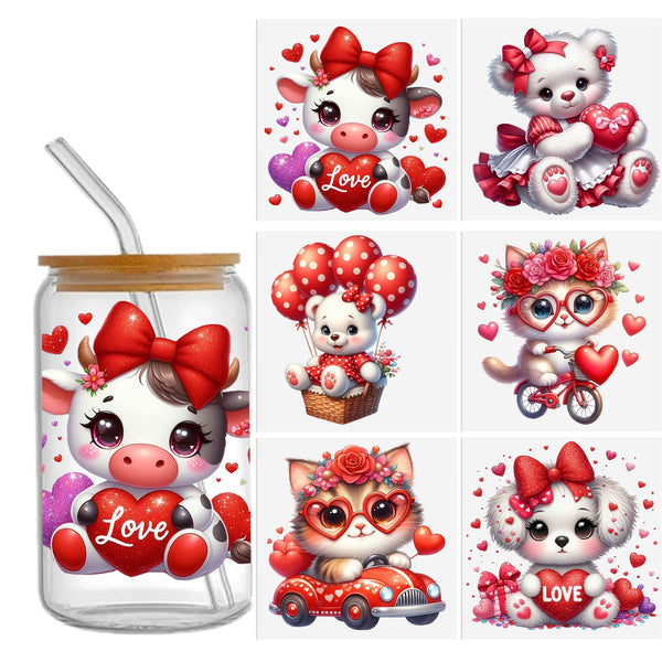 6pcs/set UV DTF Cup Wrap Decals Valentine's Day Animals-Cat-Dog- Cow-Bear Series For Any Hard Surface, Scratch-Resistant Decals With Vibrant Colors & UV DTF Transfer Sticker Waterproof Sticker For Libbey Glass Cups 16OZ DIY Tumbler Furniture gift