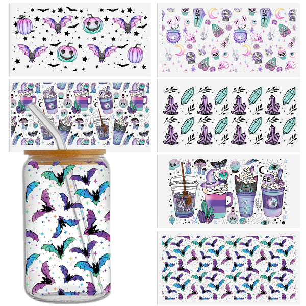 6peices/set UV DTF Cup Wrap Decals bat Horror ghost halloween pumpkin Series For Any Hard Surface, Scratch-Resistant Decals With Vibrant Colors & UV DTF Transfer Sticker Waterproof Sticker For Libbey Glass Cups 16OZ DIY Tumbler Furniture gift