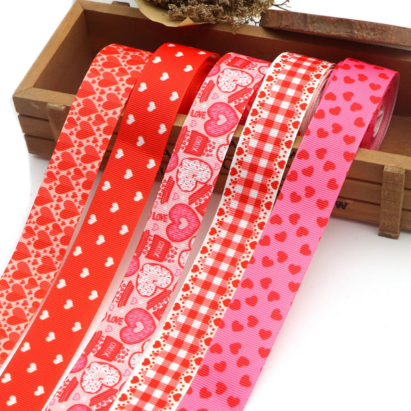 5rolls, Valentine's Day Grosgrain Ribbon Roll 25mm/1in Heart Donuts Ribbon for Gift Package Wrapping, DIY Hair Bow Clip Accessory Making, Crafting Holiday Wreaths Decor,Party Supplies (5 rolls/set,5 yards/roll)