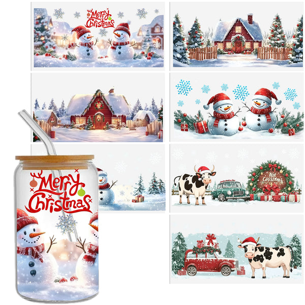 7pieces/set UV DTF Cup Wrap Decals cow,snowman, Christmas Series For Any Hard Surface, Scratch-Resistant Decals With Vibrant Colors & UV DTF Transfer Sticker Waterproof Sticker For Libbey Glass Cups 16OZ DIY Tumbler Furniture gift