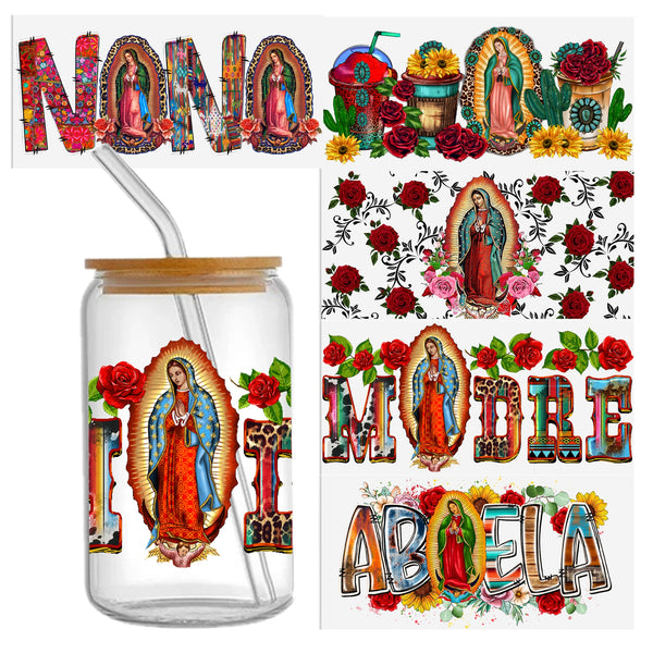 5pcs Lady Of Guadalupe Mexican Catholic UV Transfer Printing Waterproof Self-adhesive Stickers For Mug Water Bottle Cup,Virgen De Guadalupe DTF Transfer Sticker For 16 OZ Glass Can Wrap ,3d Crystal Label Waterproof And Scratch Resistant,DIY Wrap