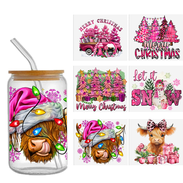 6pieces/set UV DTF Cup Wrap Decals cow,snowman Christmas Man Christmas tree Series For Any Hard Surface, Scratch-Resistant Decals With Vibrant Colors & UV DTF Transfer Sticker Waterproof Sticker For Libbey Glass Cups 16OZ DIY Tumbler Furniture gift